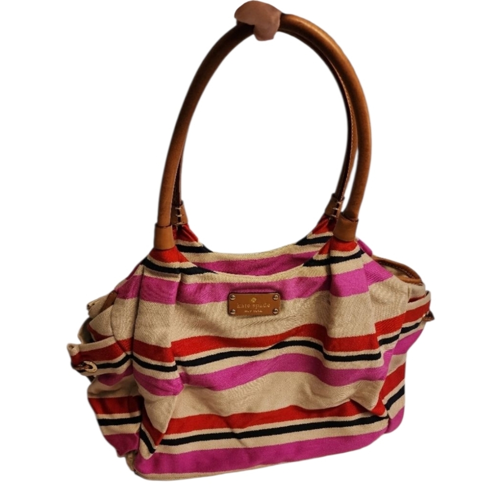 KATE SPADE large red pink navy cream striped canvas handbag diaper  bag tote